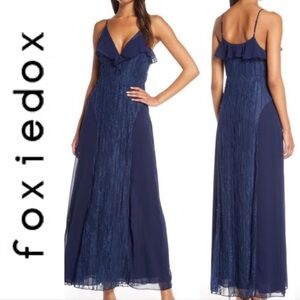 Foxiedox Pintuck Navy Lace Chiffon Plunging V-Neck Evening Maxi Formal Dress